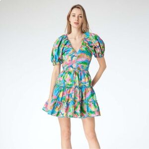 Gilner Farrar Camila Water Stroke Tiered Short Puff Sleeve Mini Dress
